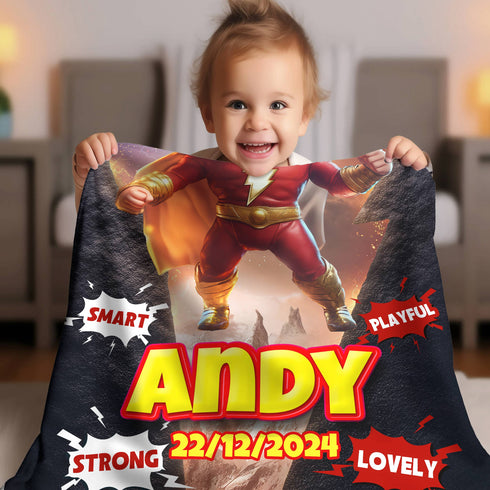 Personalized Baby Superhero Blanket – Shazam Style | Custom Name, Date & Background | Soft Fleece 30"x40"